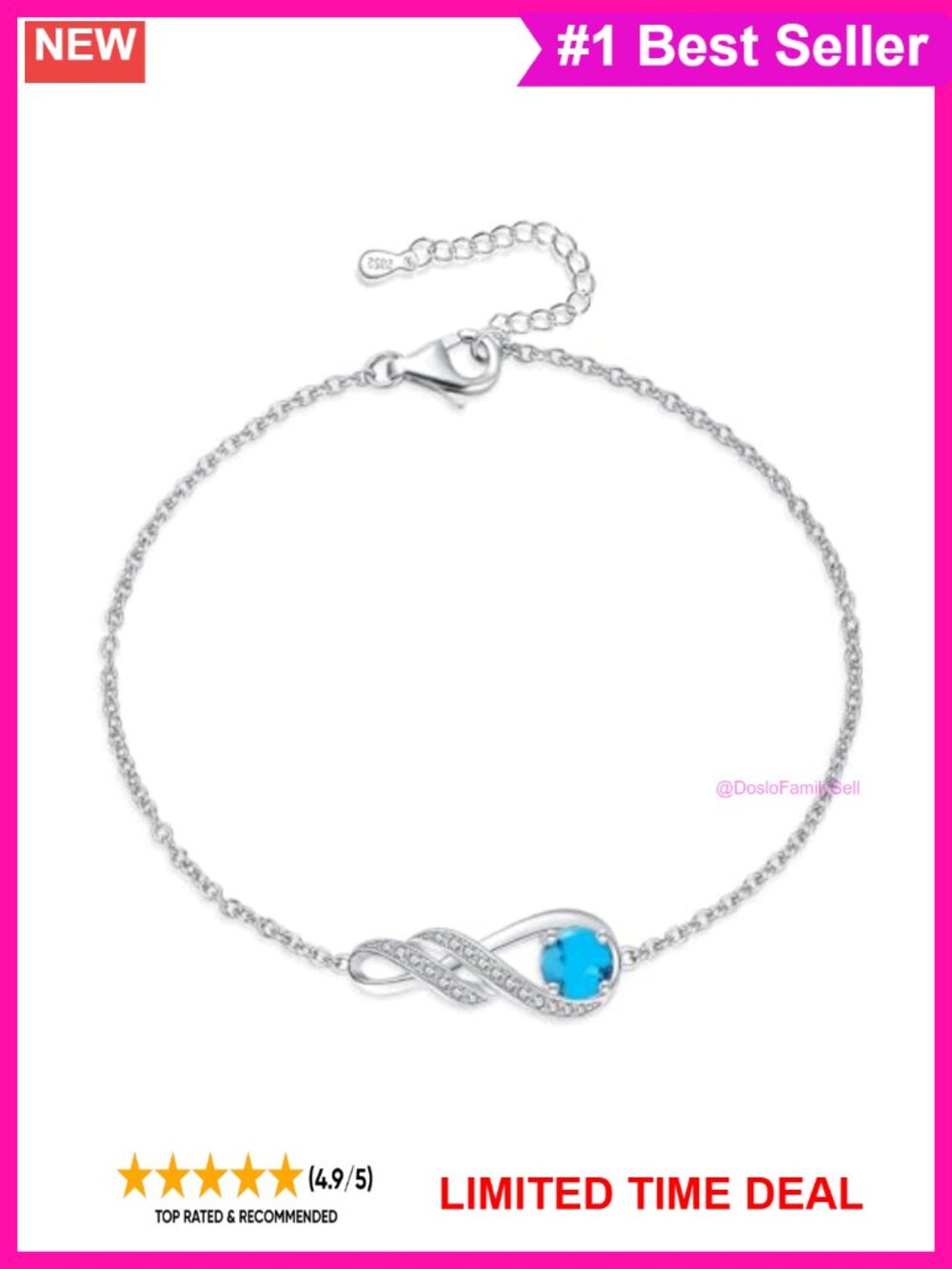 Sterling Silver Infinity Birthstone Bracelet Adjustable Chain Gift